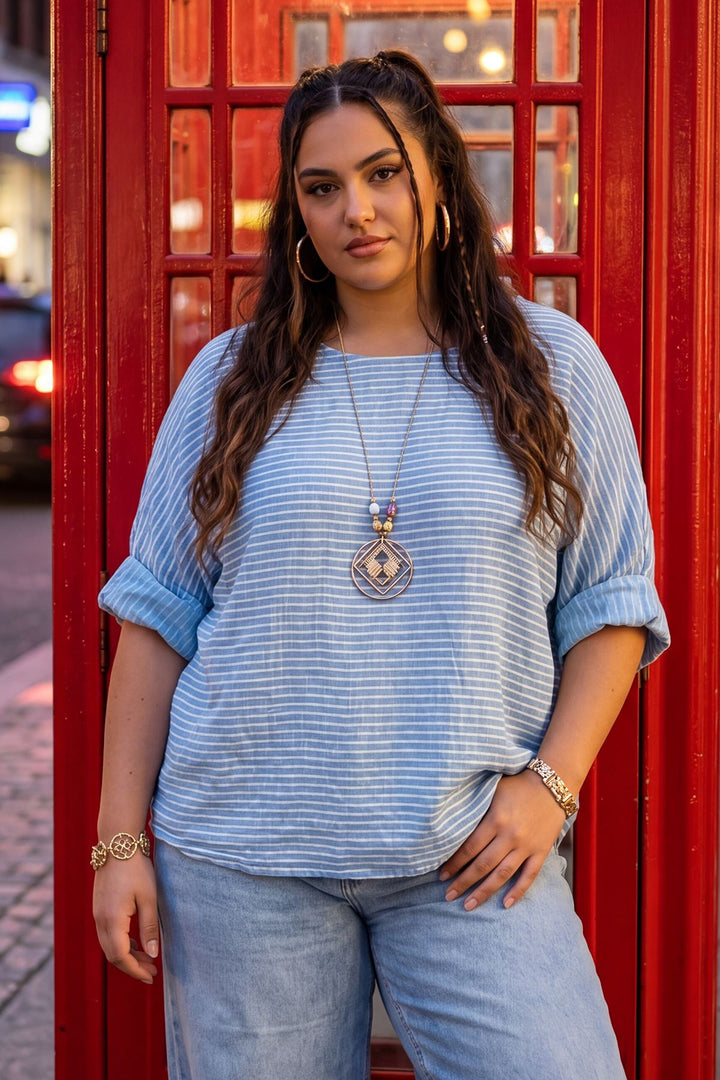 Stripe Print Oversized Tunic Cotton Top for Women - Sky Blue