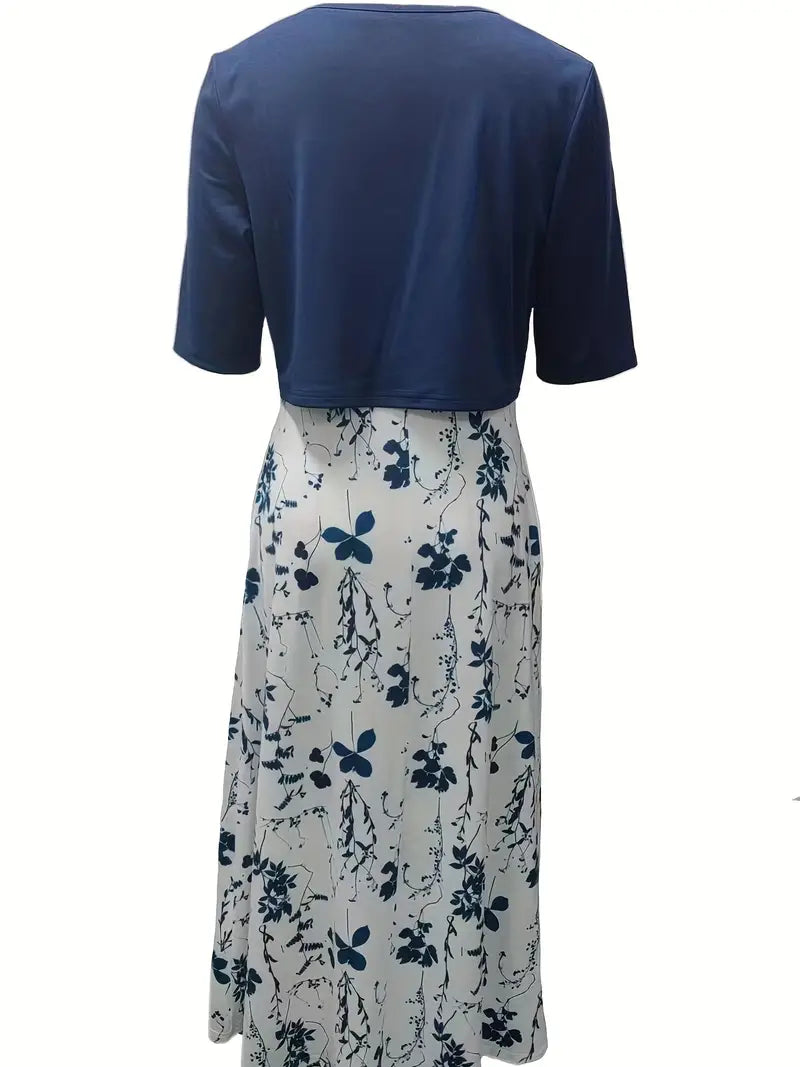 Floral Two-Piece Set with Crop Top and Round Neck Dress
