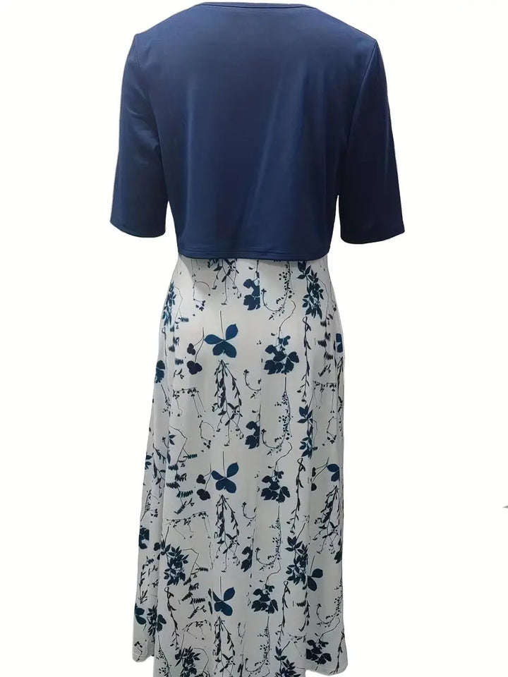 Floral Two-Piece Set with Crop Top and Round Neck Dress