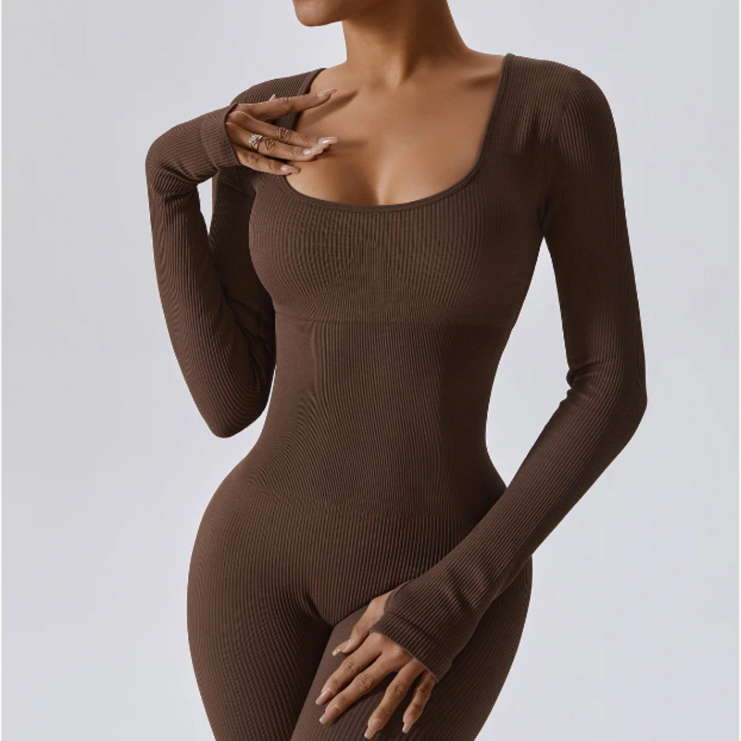 Fitted Long Sleeve Performance Jumpsuit, Solid Colour