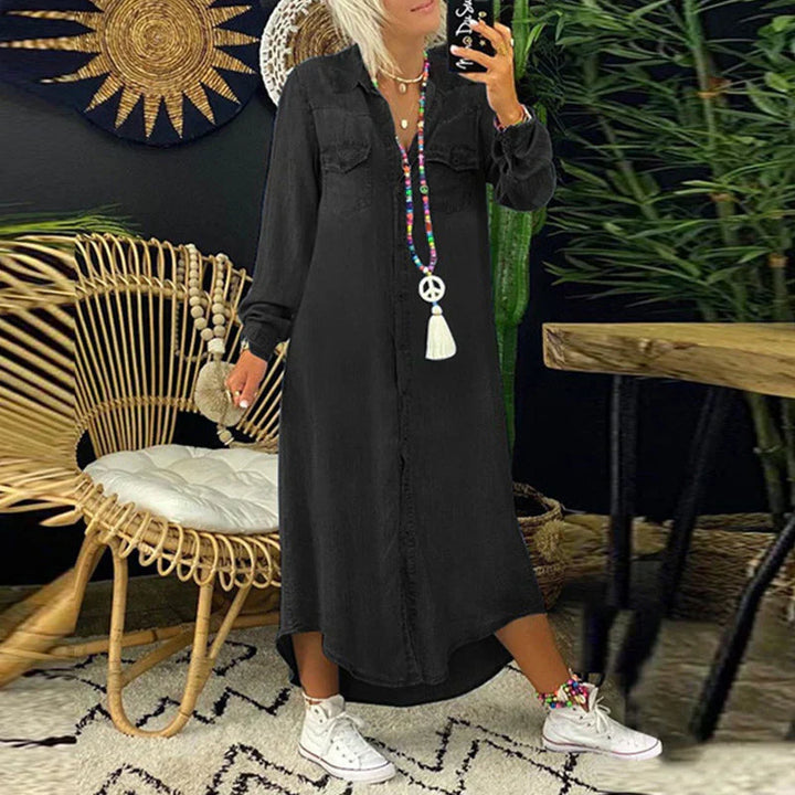 Long-Sleeve Denim Shirt Dress - Relaxed Straight Fit