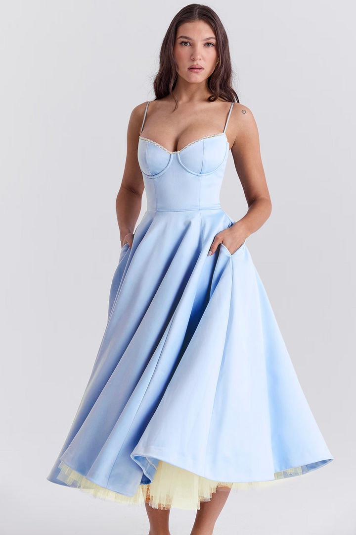 Flowing Midi Dress with a Close-Fitted Silhouette
