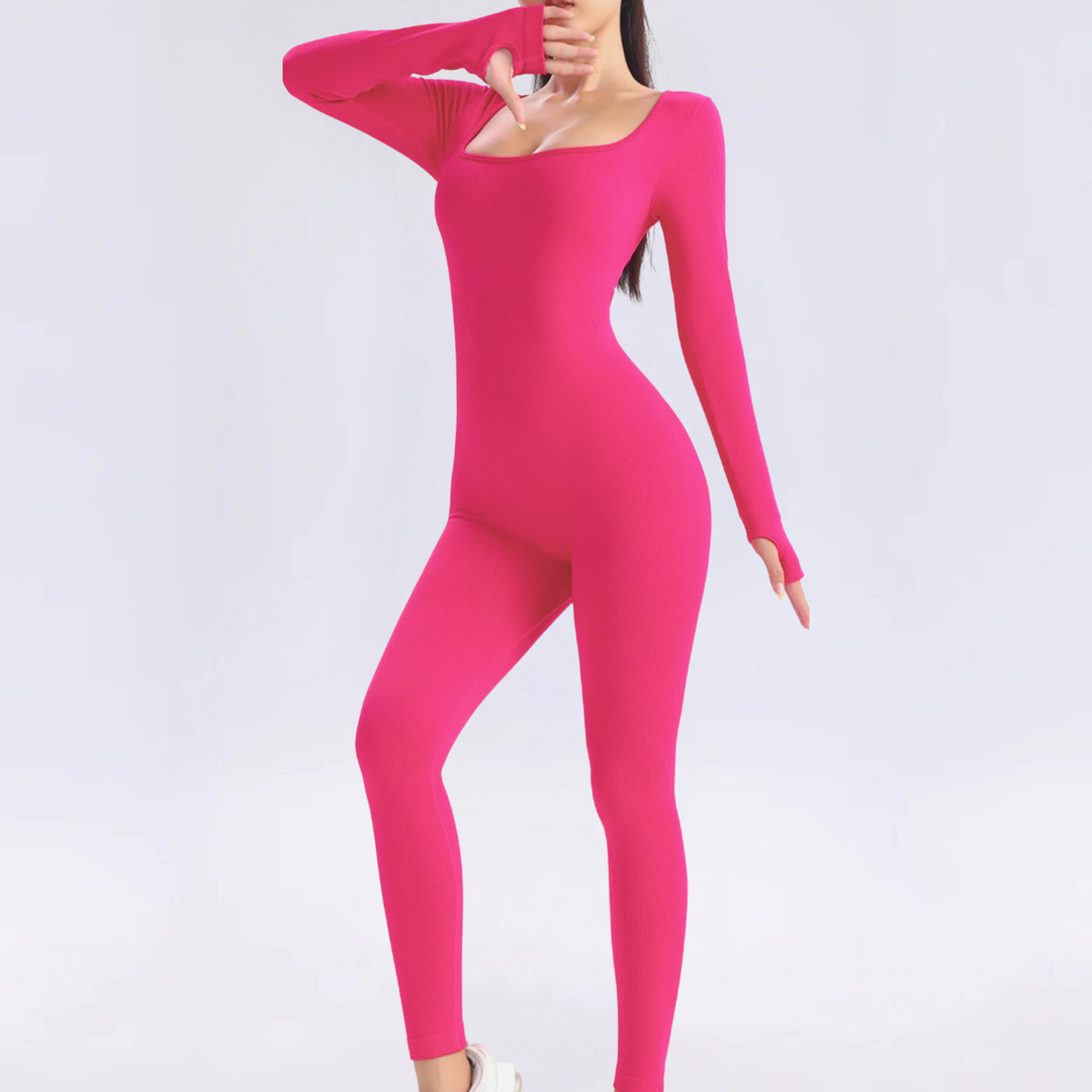 Fitted Long Sleeve Performance Jumpsuit, Solid Colour