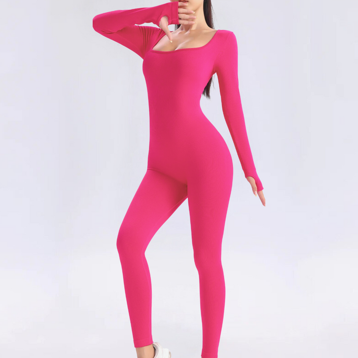 Fitted Long Sleeve Performance Jumpsuit, Solid Colour