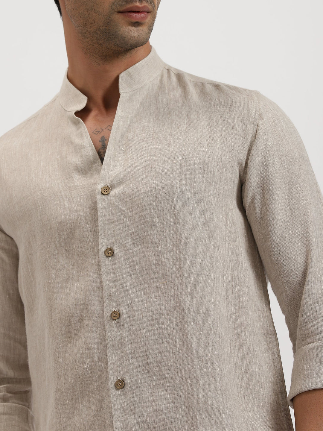 Craig Pure Linen V-Neck Mandarin Collar Shirt for Men - gallery