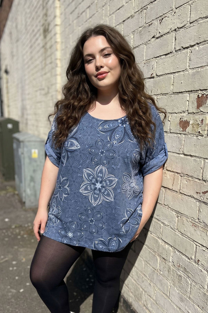 Abstract Floral Print Tunic Cotton Top for Women - Denim Blue