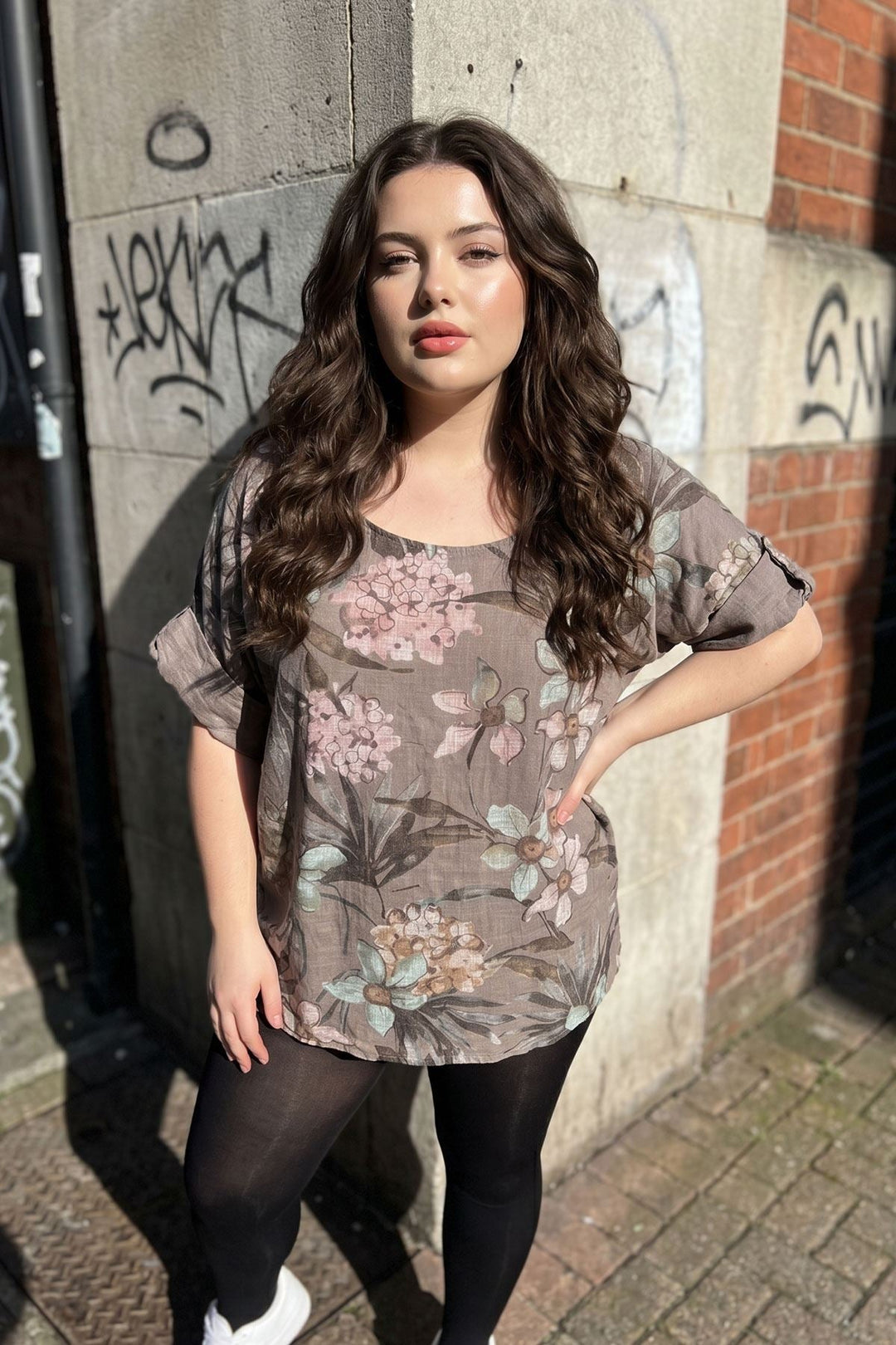 Tropical Floral Print Tunic Cotton Top for Women - Mocha