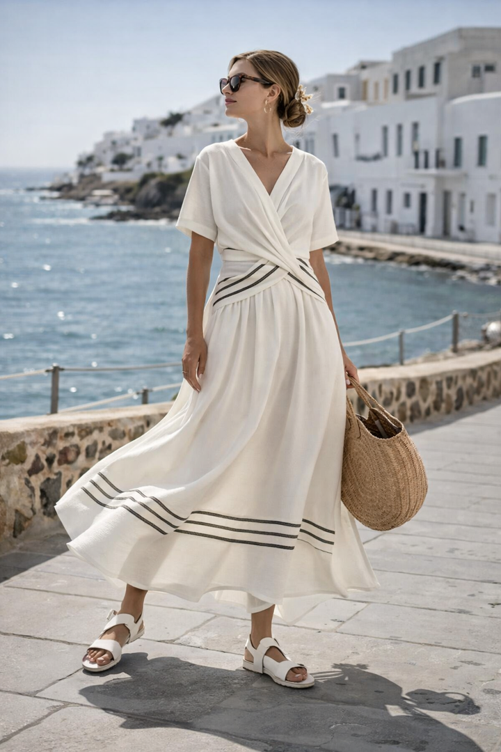 Solene Casual Striped A-Line Midi Dress for Women
