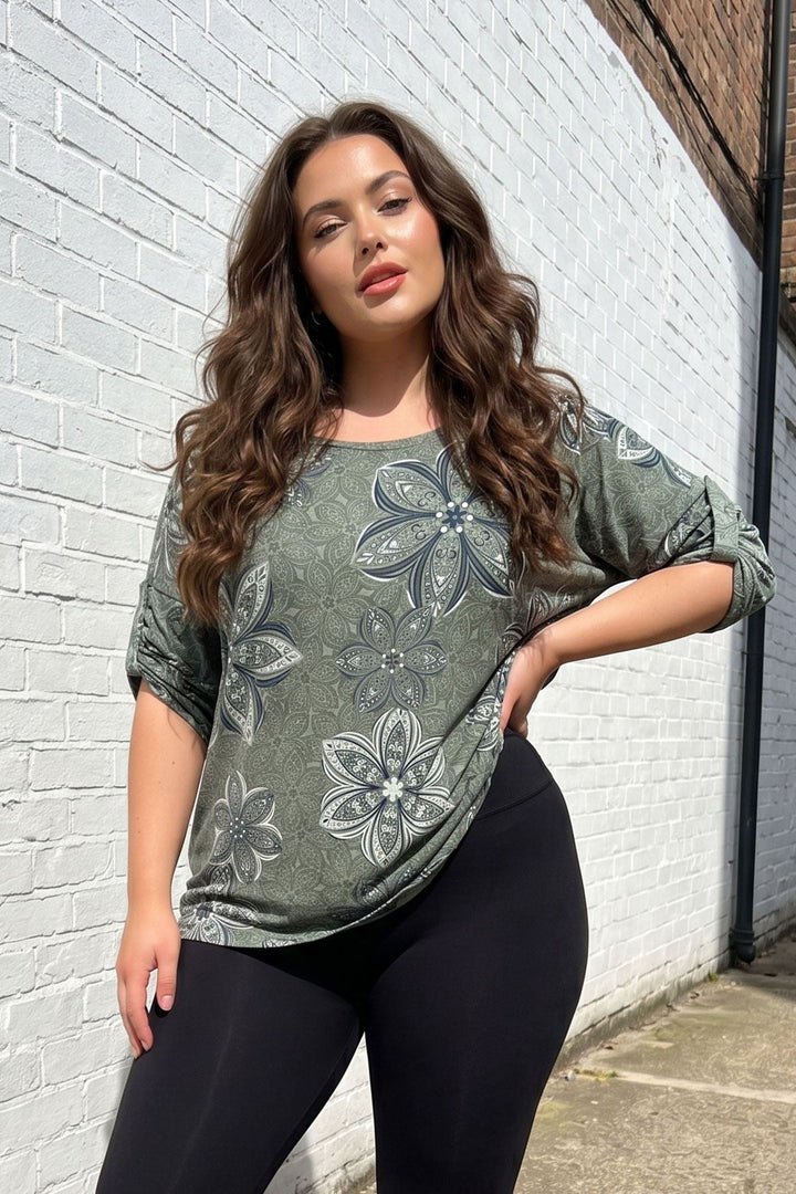 Abstract Floral Print Tunic Cotton Top for Women - Khaki