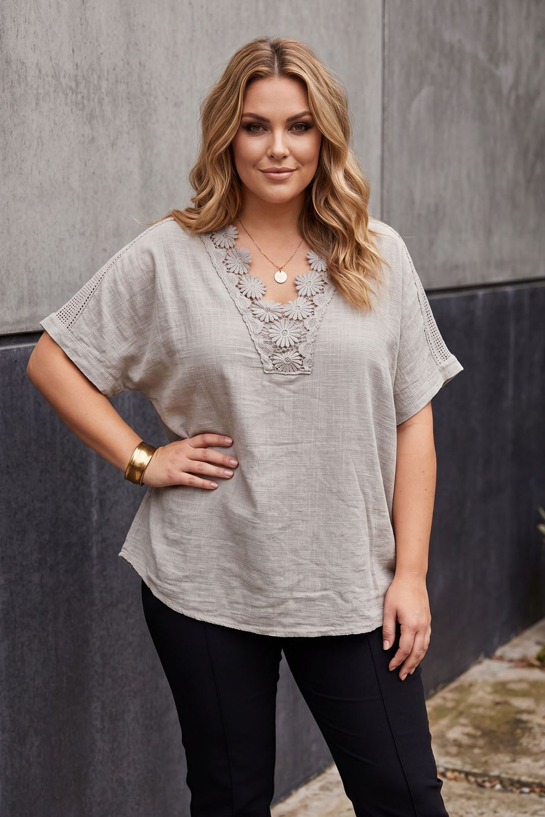 Floral Lace Trim Pattern Tunic Cotton Top — Beige