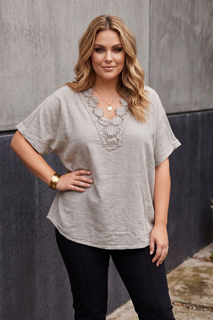 Floral Lace Trim Pattern Tunic Cotton Top — Beige