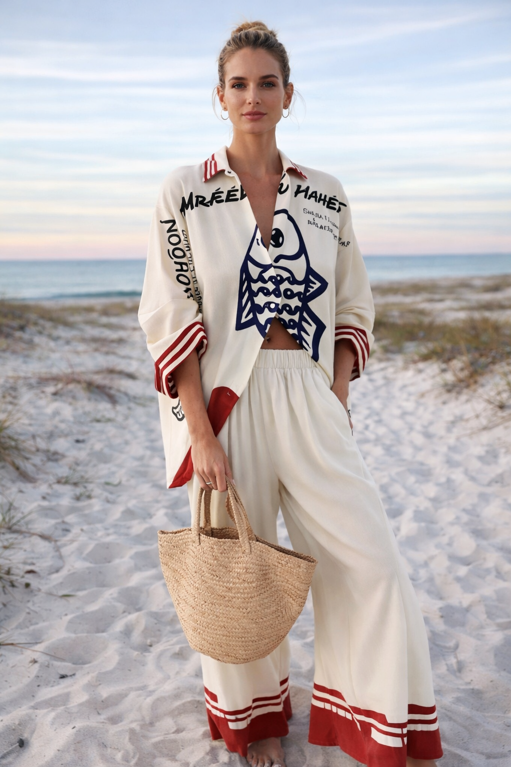 Summer Print Button-Up Shirt and Wide-Leg Trousers Set