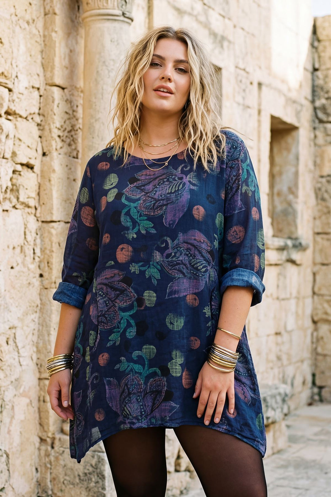 Floral Print Flowy Hem Oversized Cotton Top — Navy Blue