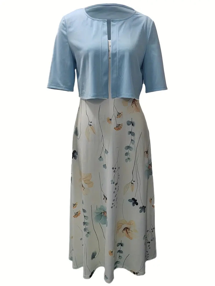 Floral Two-Piece Set with Crop Top and Round Neck Dress