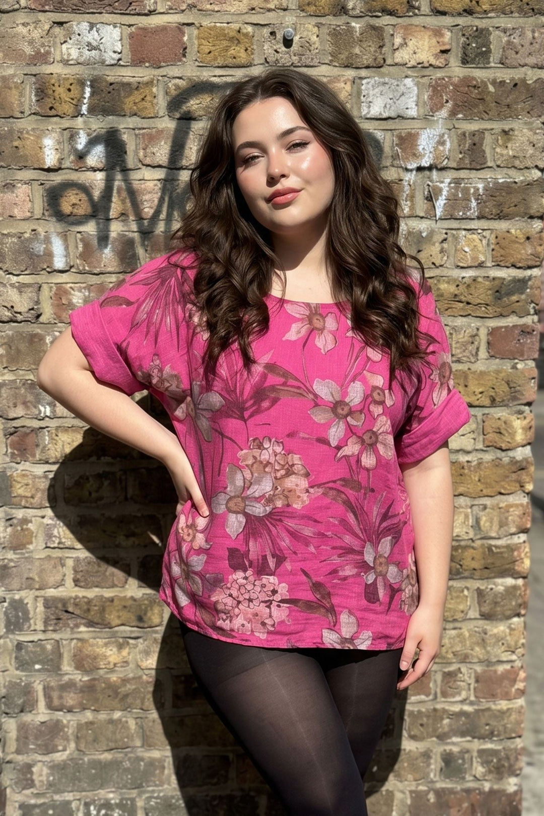 Tropical Floral Print Tunic Cotton Top for Women - Fuchsia