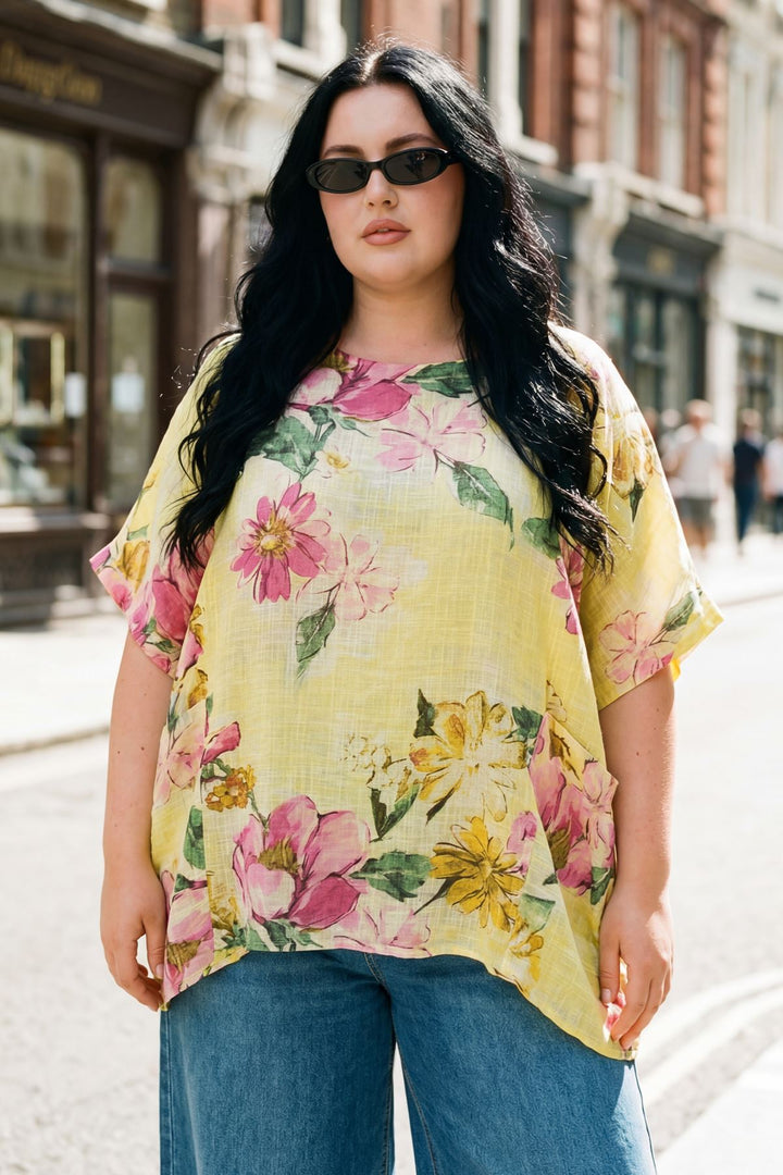 Floral Print Two Front Patch Pockets Oversized Cotton Top — Lemon