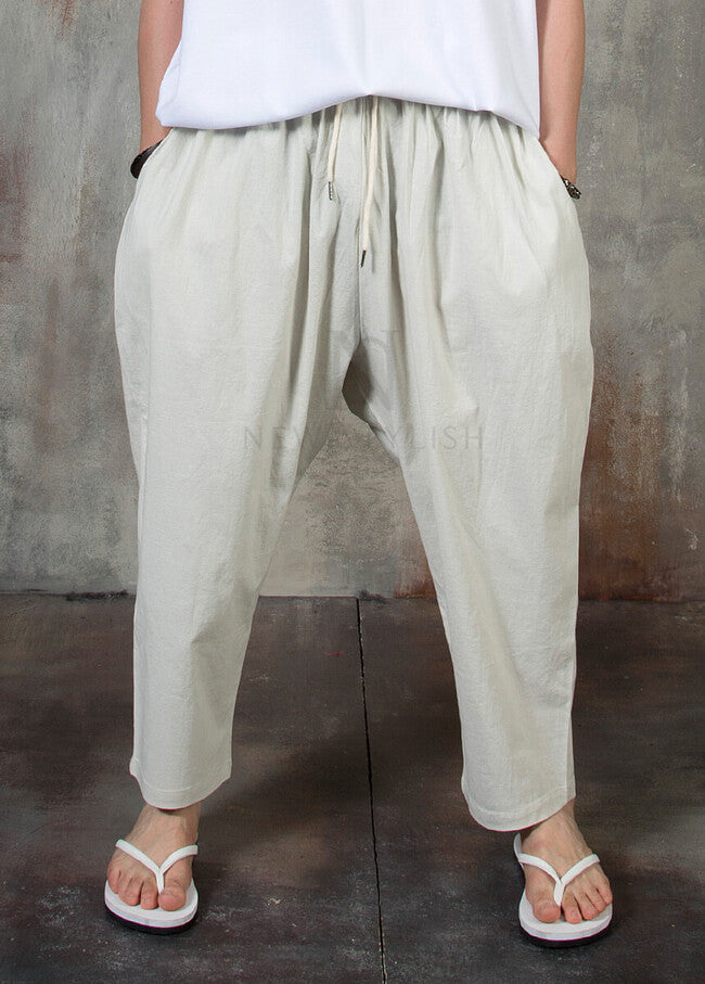 Plain Linen Baggy Trousers for Men - Ivory