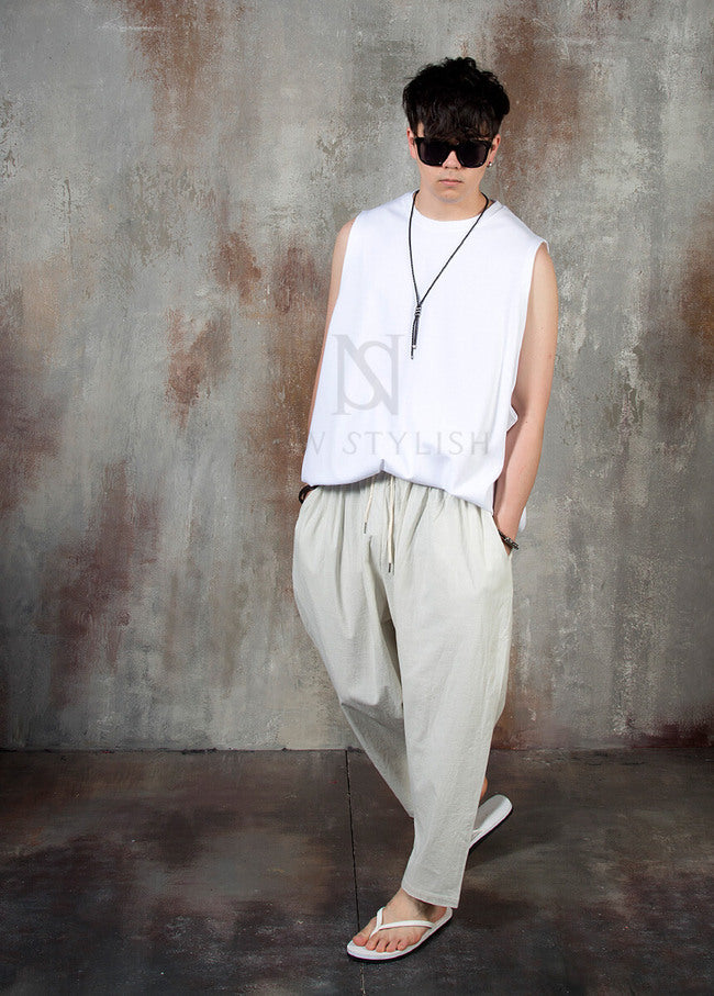 Plain Linen Baggy Trousers for Men - gallery