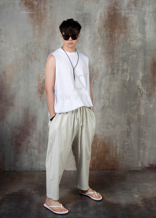 Plain Linen Baggy Trousers for Men - gallery