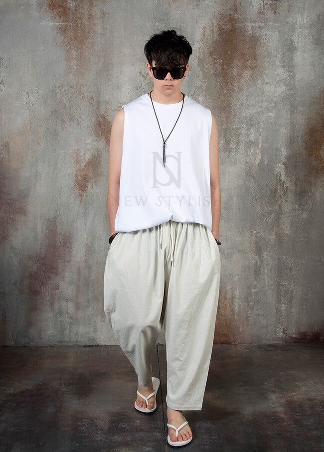 Plain Linen Baggy Trousers for Men - gallery