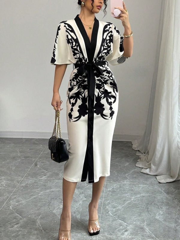 Half Sleeves Flower Print Printed Tied Waist V-Neck Midi Dresses for Women - gallery