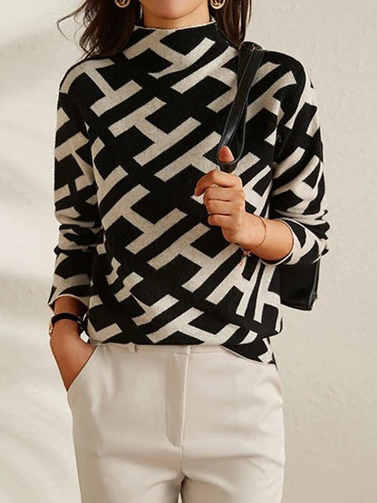 Geometric Knit Jumper with V-Neckline - Relaxed Fit