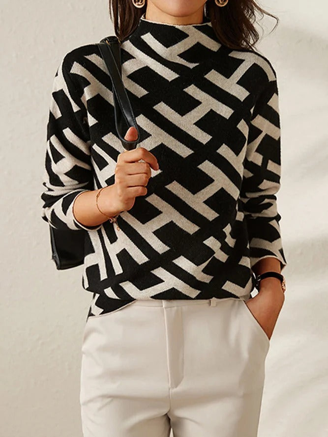 Geometric Knit Jumper with V-Neckline - Relaxed Fit