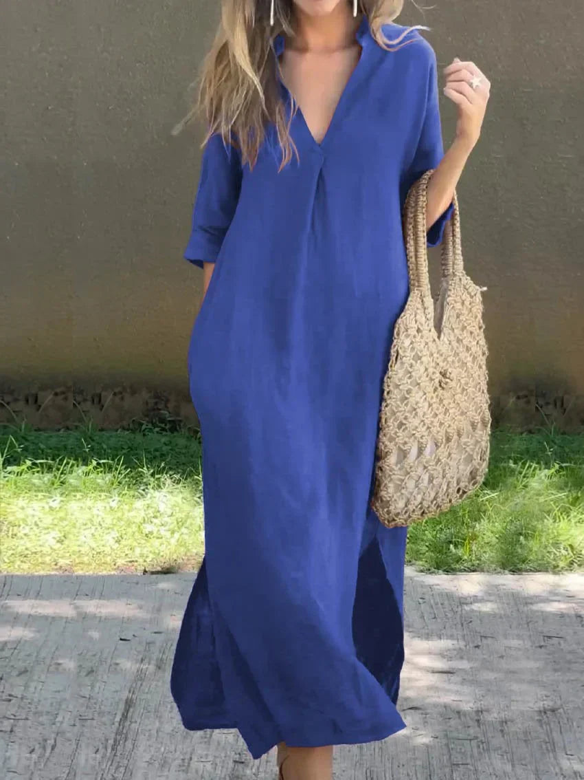 V-Neck Cotton Dress with Built-In Pockets for Women