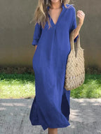 Women's V-Neck Solid Dress with Handy Pockets