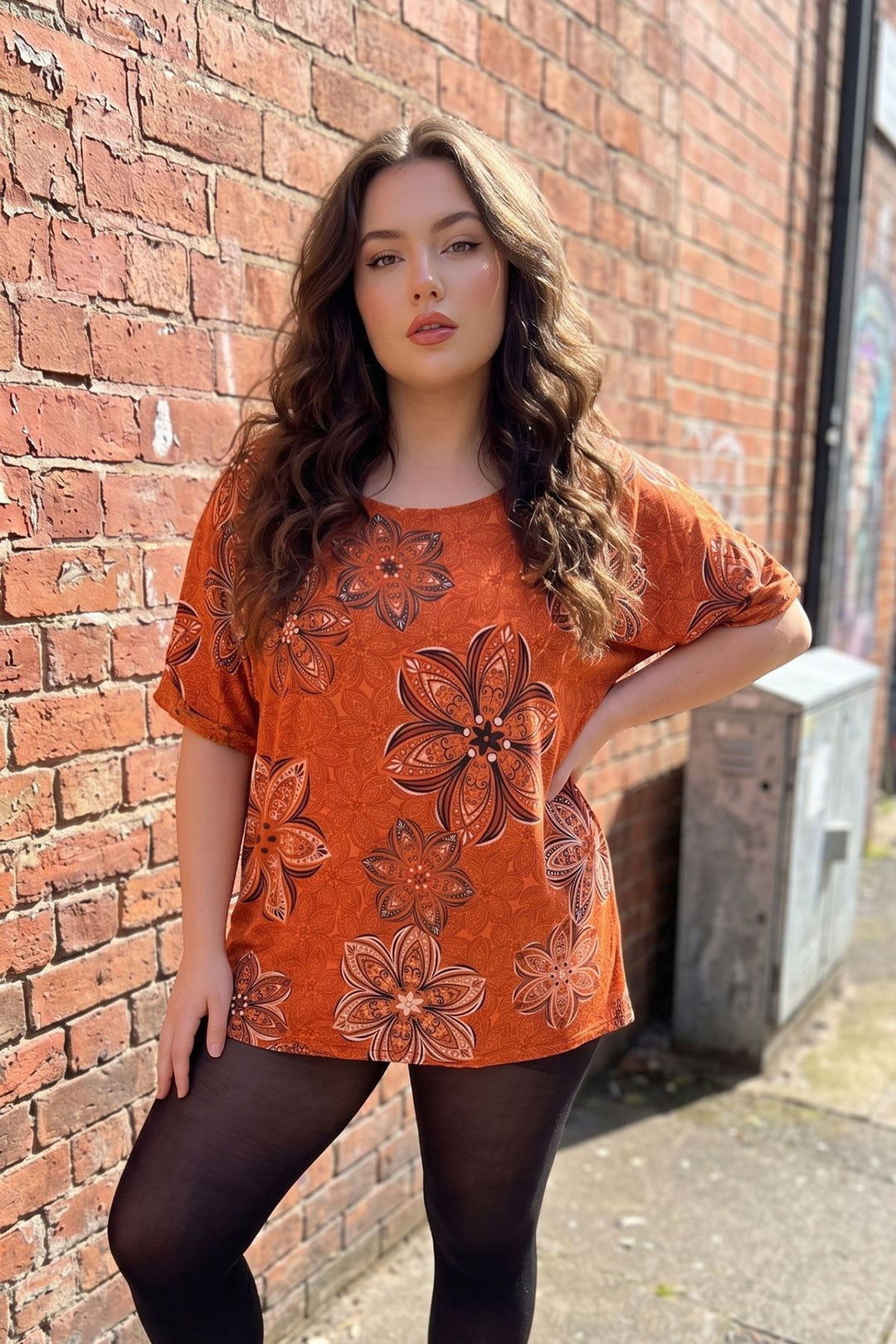 Abstract Floral Print Tunic Cotton Top for Women - Orange