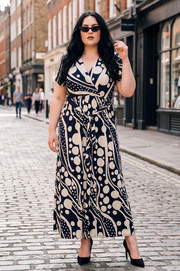 Multiple Abstract Print Wrap Over Belted Dress — gallery