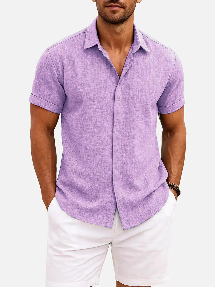 Linen Cotton Blend Short Sleeve Shirt for Men - Purple