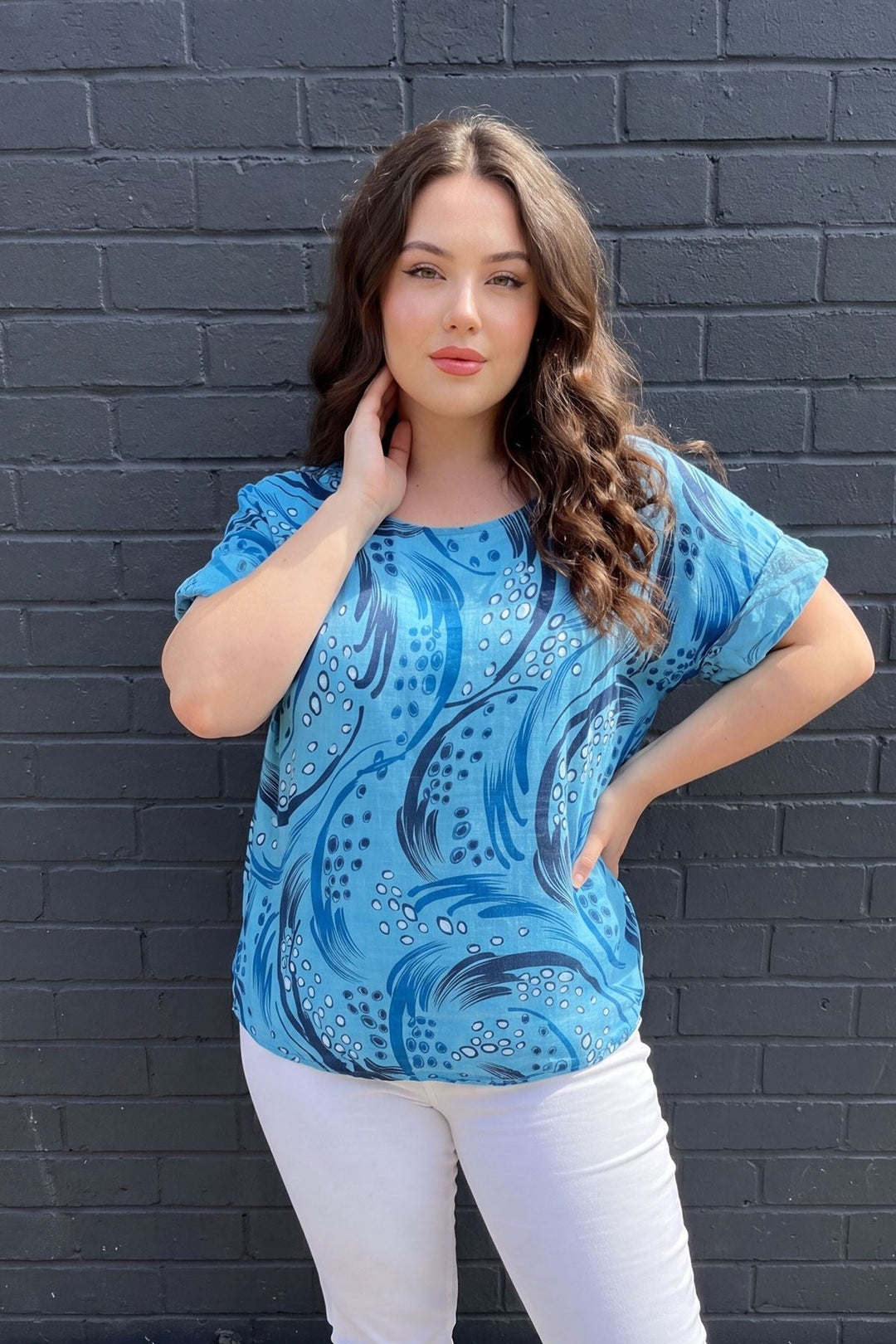 Abstract Print Oversized Tunic Cotton Top for Women - Turquoise