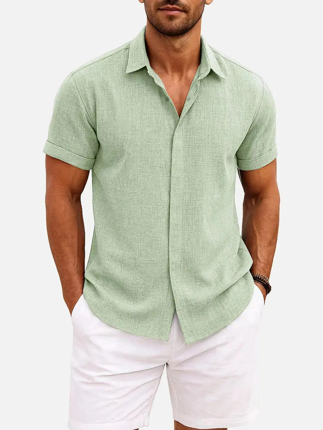 Linen Cotton Blend Short Sleeve Shirt for Men - Yellow Green
