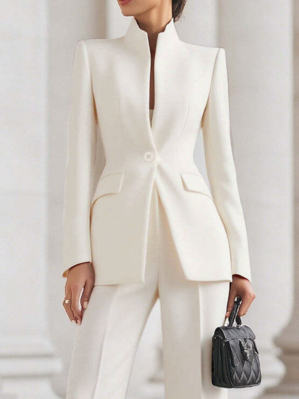 Long Sleeves Buttoned Pockets Solid Color Stand Collar Blazer Outerwear - White