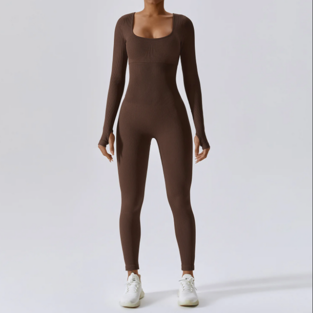 Fitted Long Sleeve Performance Jumpsuit, Solid Colour