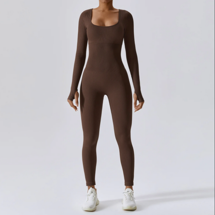 Fitted Long Sleeve Performance Jumpsuit, Solid Colour