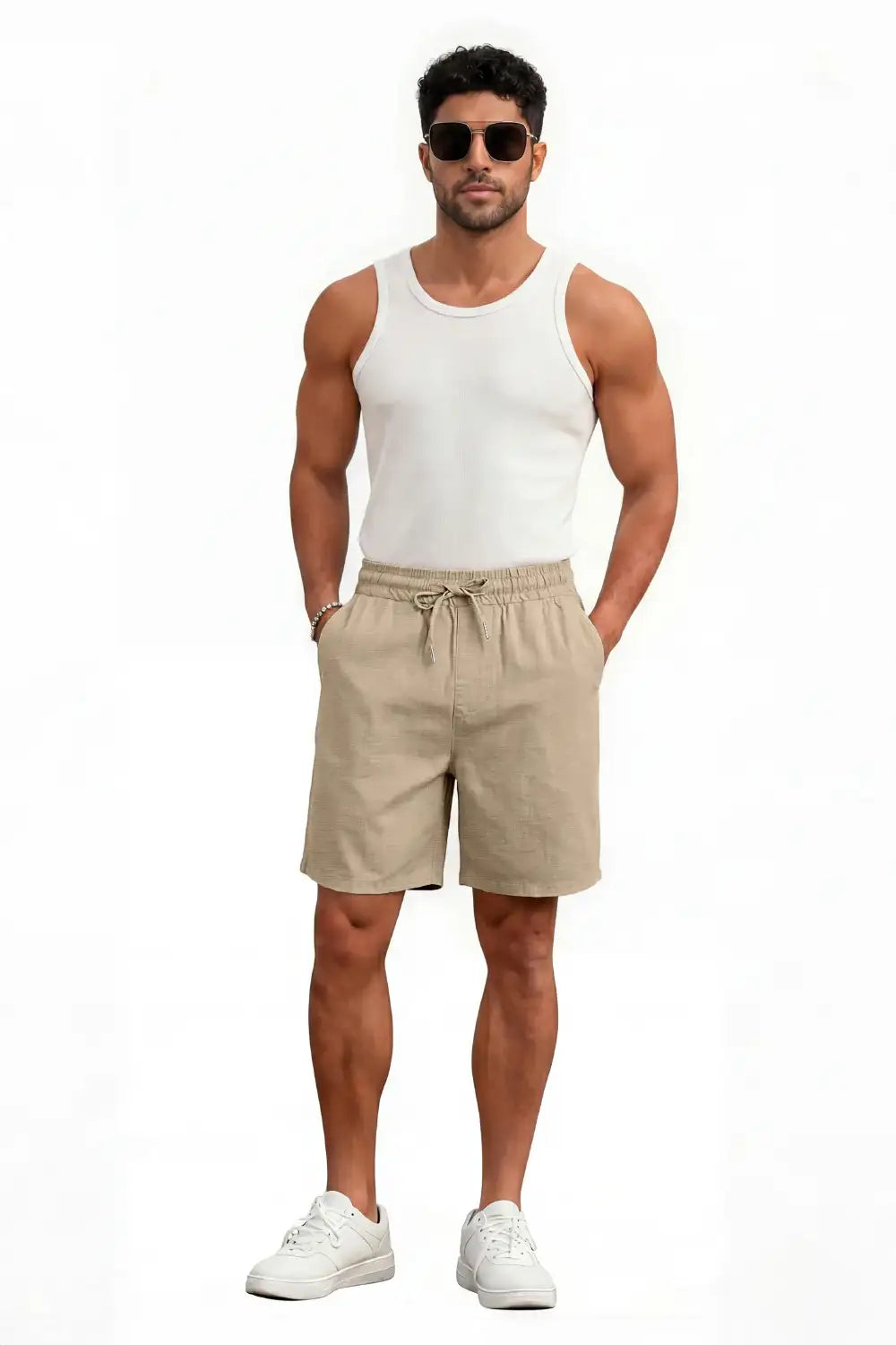 Drawstring Casual Linen Shorts in Khaki for Men - gallery