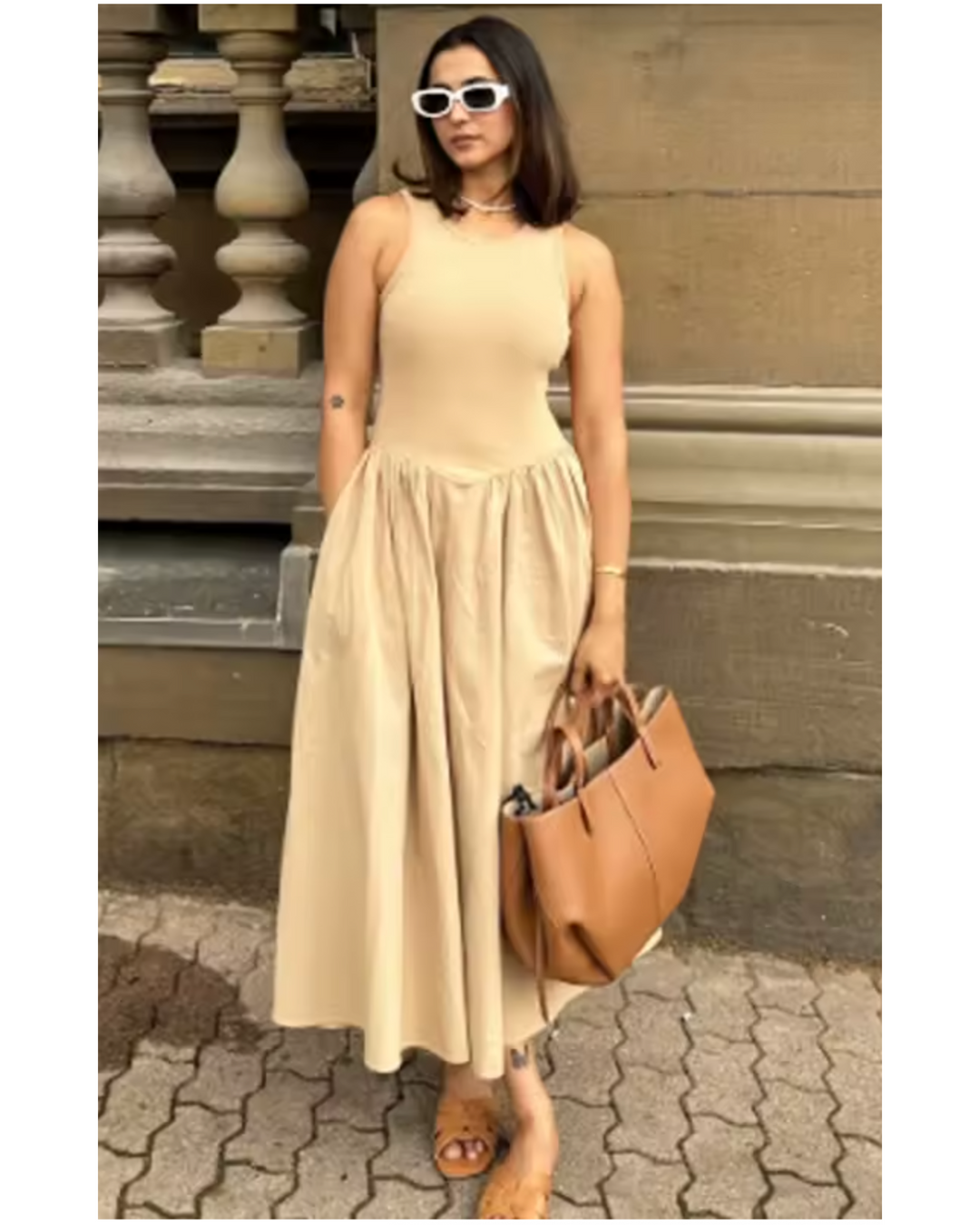 Cosmos Drop Waist Maxi Dress in Beige for Women