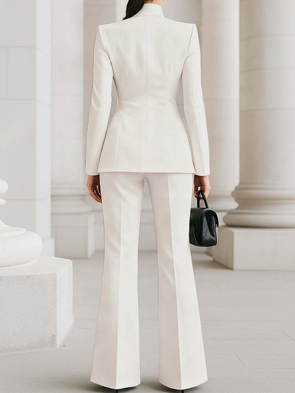 Long Sleeves Buttoned Pockets Solid Color Stand Collar Blazer Outerwear - gallery