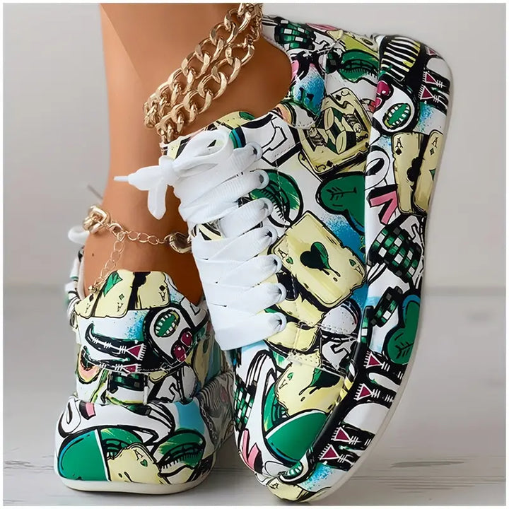 Graffiti-Print Layered Platform Trainers for Women
