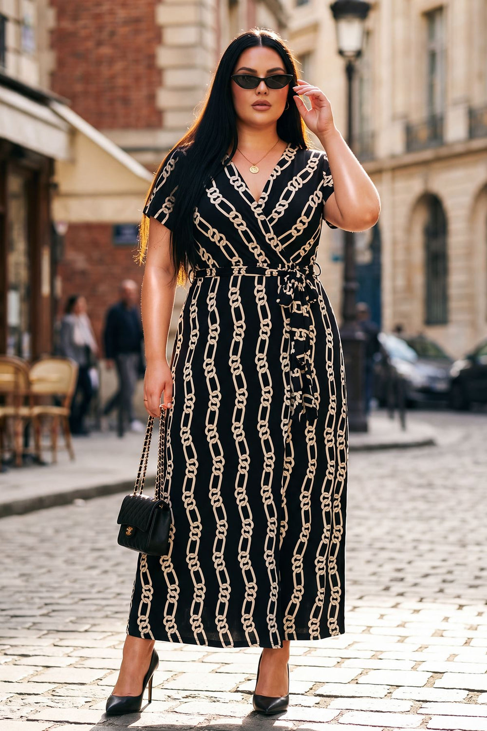 Multiple Abstract Print Wrap Over Belted Dress — gallery