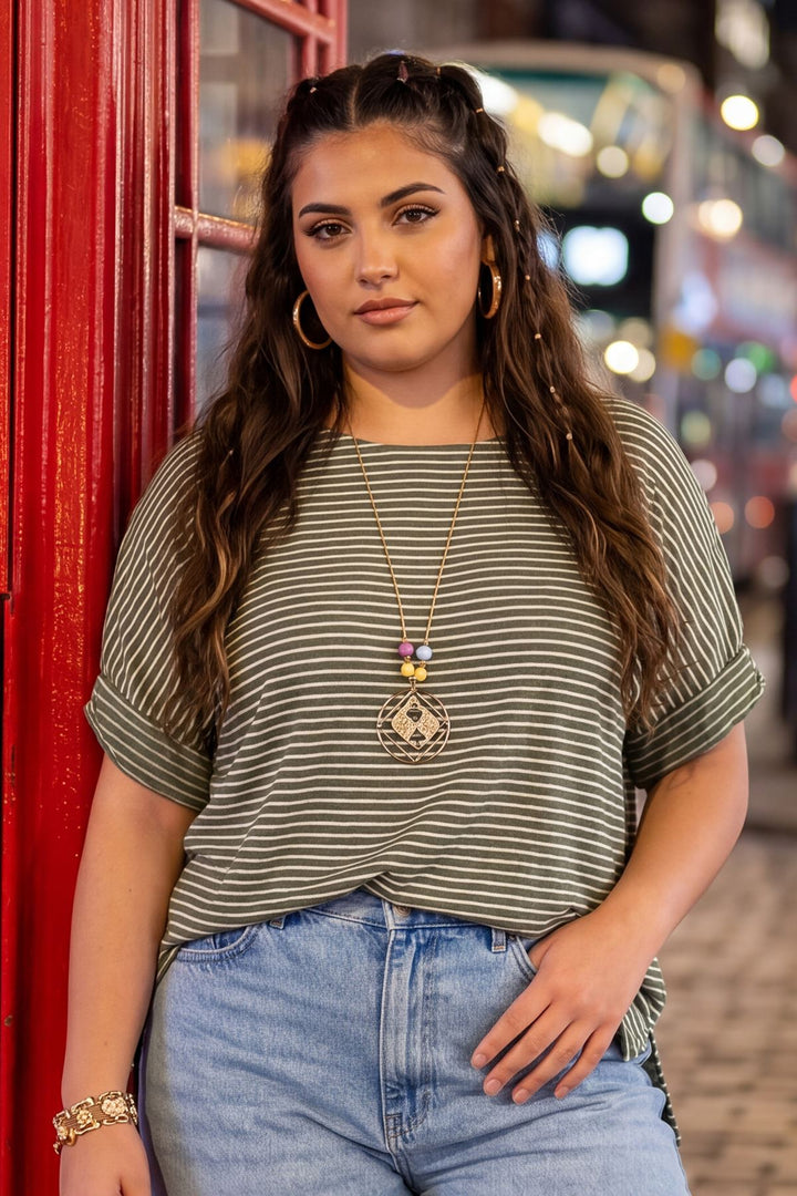 Stripe Print Oversized Tunic Cotton Top for Women - Khaki