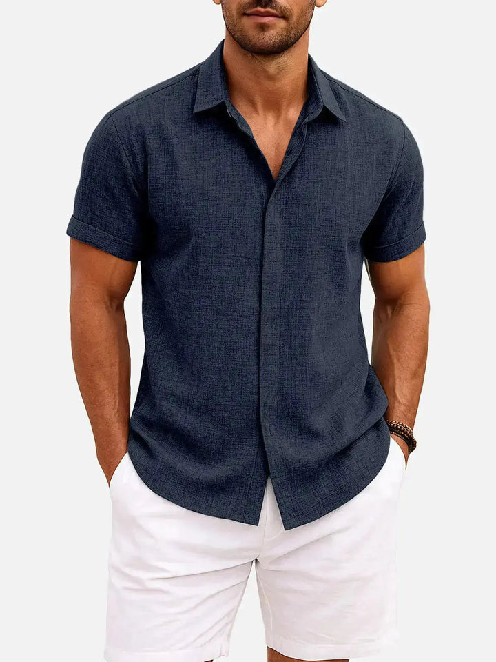 Linen Cotton Blend Short Sleeve Shirt for Men - Navy
