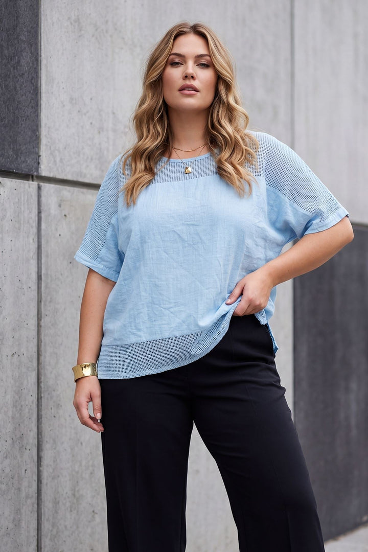 Textured Mesh Panel Tunic Cotton Top — Sky Blue