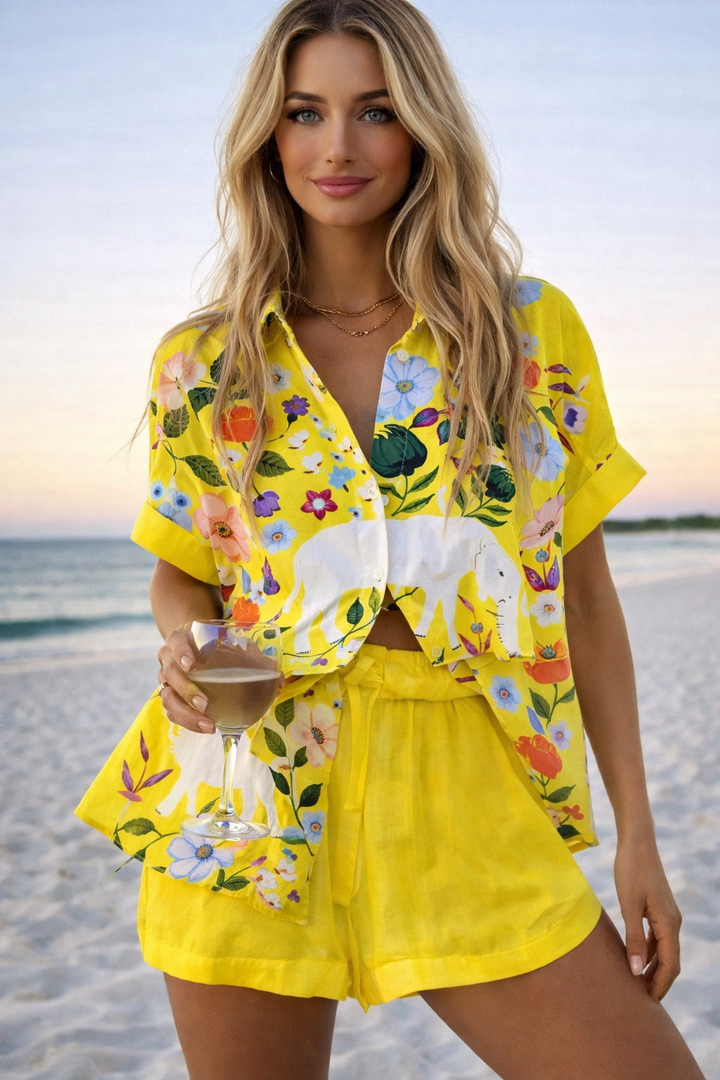 Printed Lapel Shirt and Shorts Set - Relaxed Co-ord