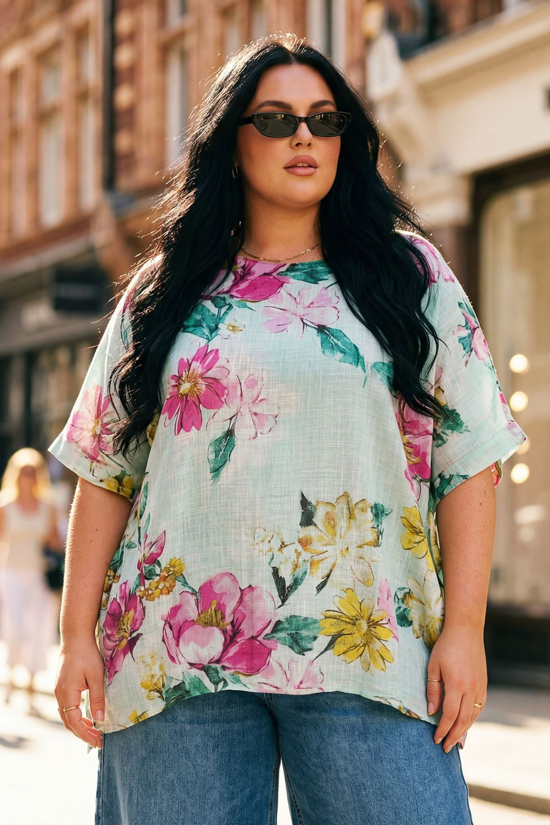 Floral Print Two Front Patch Pockets Oversized Cotton Top