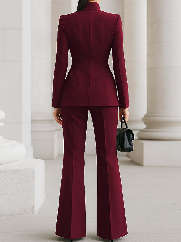 Long Sleeves Buttoned Pockets Solid Color Stand Collar Blazer Outerwear - gallery