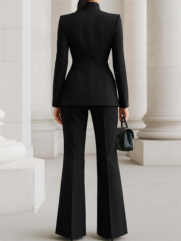 Long Sleeves Buttoned Pockets Solid Color Stand Collar Blazer Outerwear - gallery