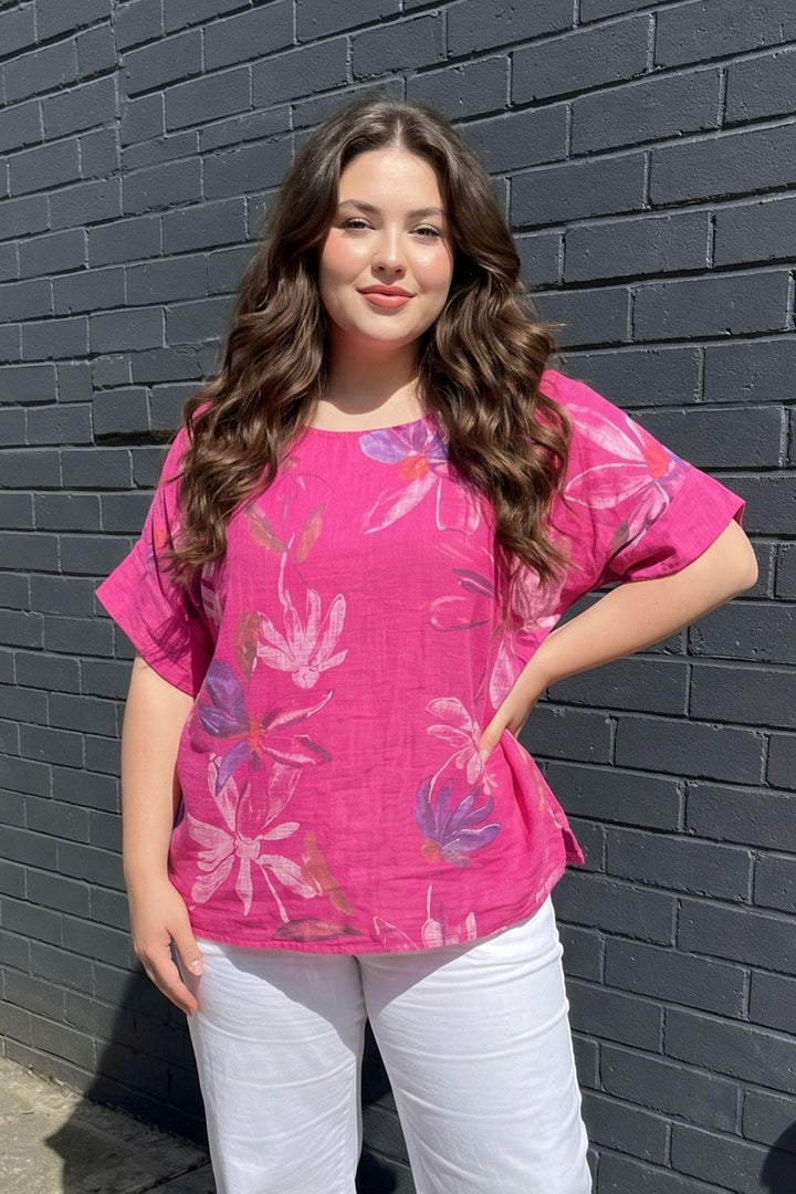 Floral Print Oversized Tunic Cotton Top for Women - Fuchsia